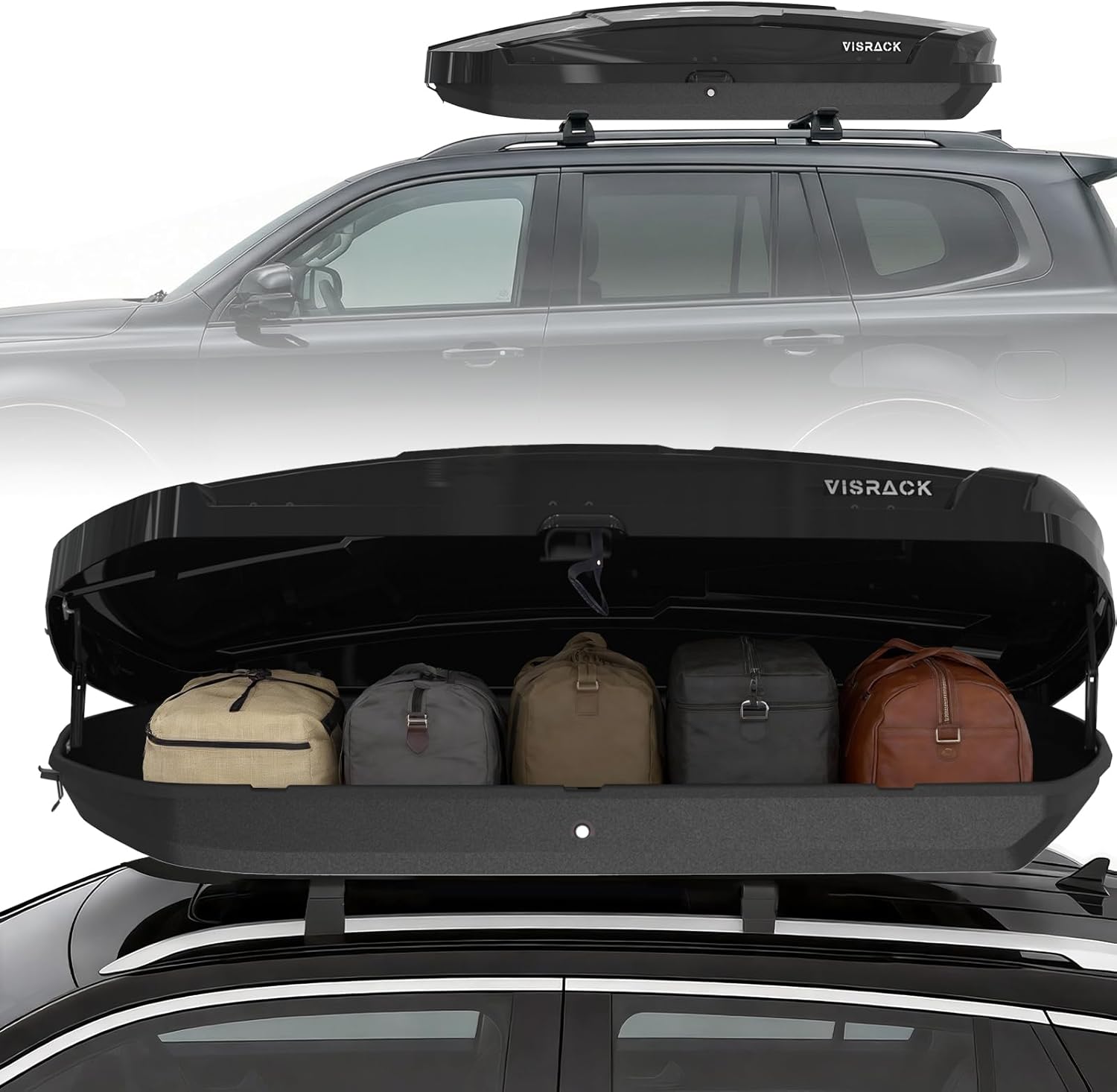 72 Inch Black Rooftop Cargo Box Carrier, Large 21 Cubic Feet Car Top Mount Travel Luggage Storage, Dual Side Opening, Heavy Duty Waterproof Rooftop Storage Box with Security Keys, 150lbs Capacity