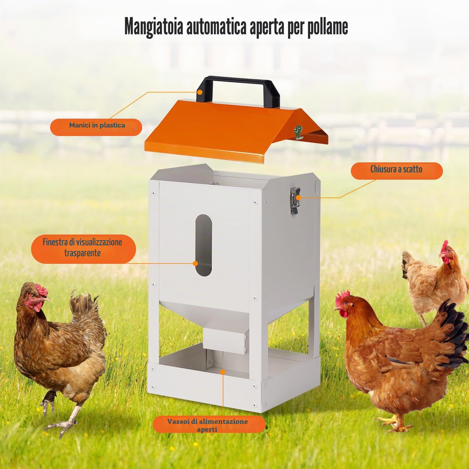 Mangiatoia Per Galline 8KG In Acciaio Galvanizzato, Distributore Automatico Con Impugnatura, Grande Mangiatoia Per Pollame Per Polli, Anatre, Uccelli