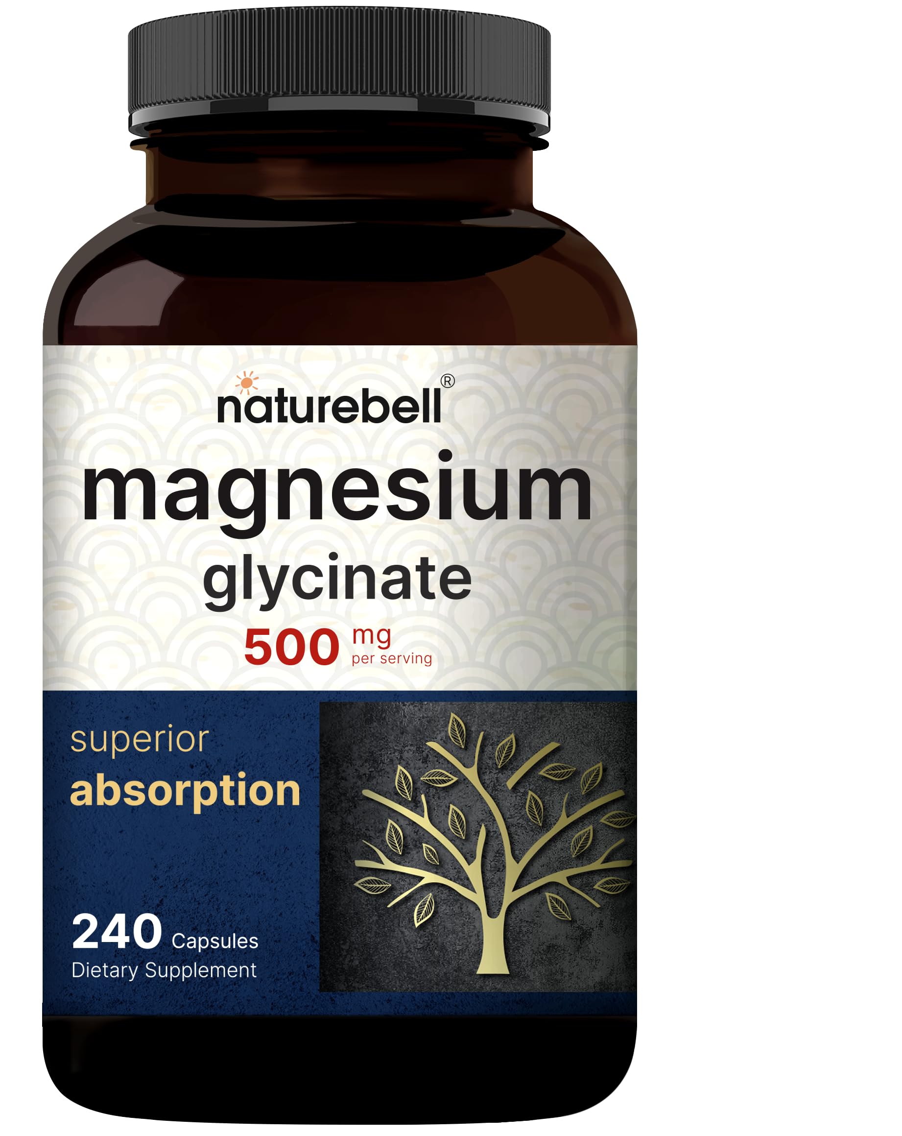NatureBell Magnesium Glycinate Capsules 500mg | 240 Count, 100% Chelated & Purified, 3rd Party Tested, Non-GMO & Gluten Free