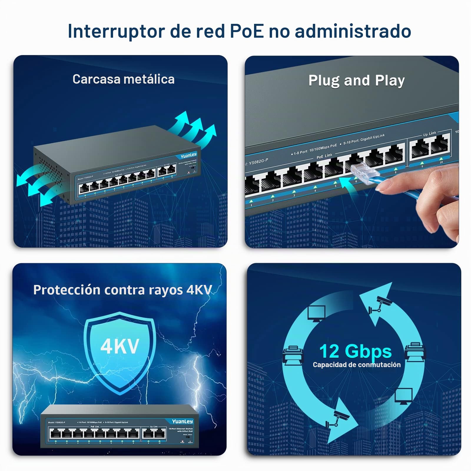 YuanLey 10 Port PoE Switch, 8 PoE+ Port 100Mbps, 2 Uplink Gigabit, 120W 802.3af/at, Función de Extensión, Sin Ventilador, Metal, Plug & Play