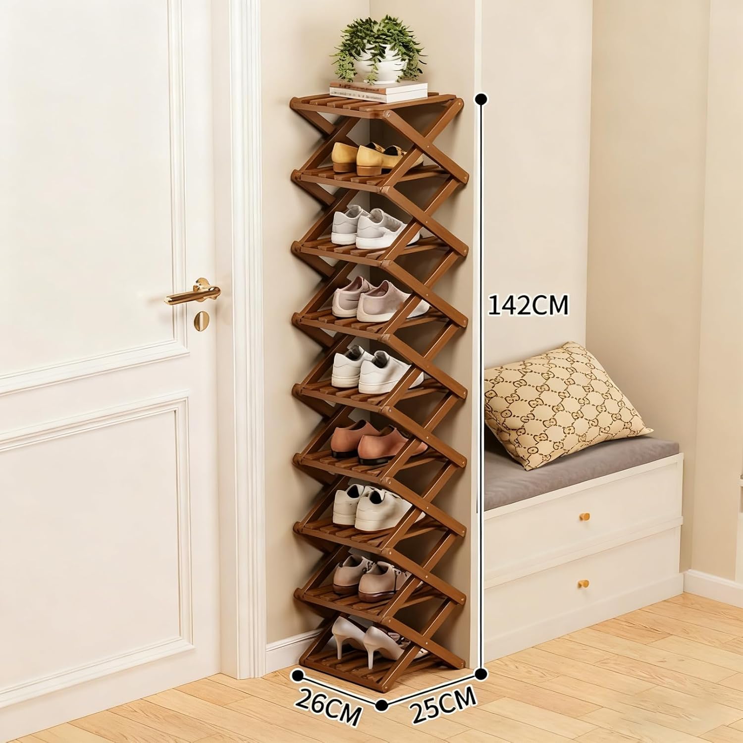The 9-Tier No-Assembly Bamboo Rack, 2026 Upgraded Foldable Bamboo Shoe Rack, Space-Saving Organizer for Shoes, No Assembly Narrow Shoe Shelf for Entryway Closet Dorm (Brown,9-Tier)