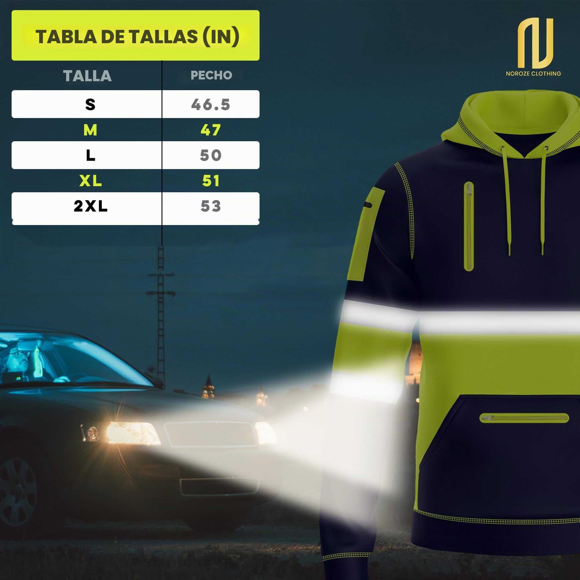 NOROZE Hombres Sudadera Alta Visibilidad Cinta Reflectante Abrigo Seguridad 4 Bolsillos Cremallera