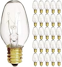 KOR (25 Pack) 7 Watt C7 Clear Night Light Bulbs – E12 Candelabra Base, 120V for Indoor/Outdoor Use