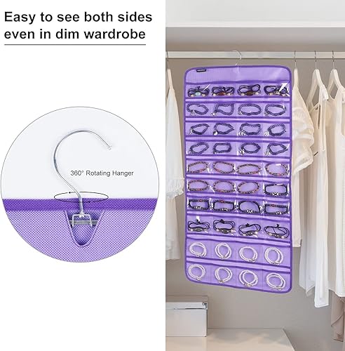 Miniatura 3 de Organizador de joyas colgante de doble cara con 40 bolsillos y 20 bucles de gancho, organizador de joyas para aretes, pulseras, anillos con colgador