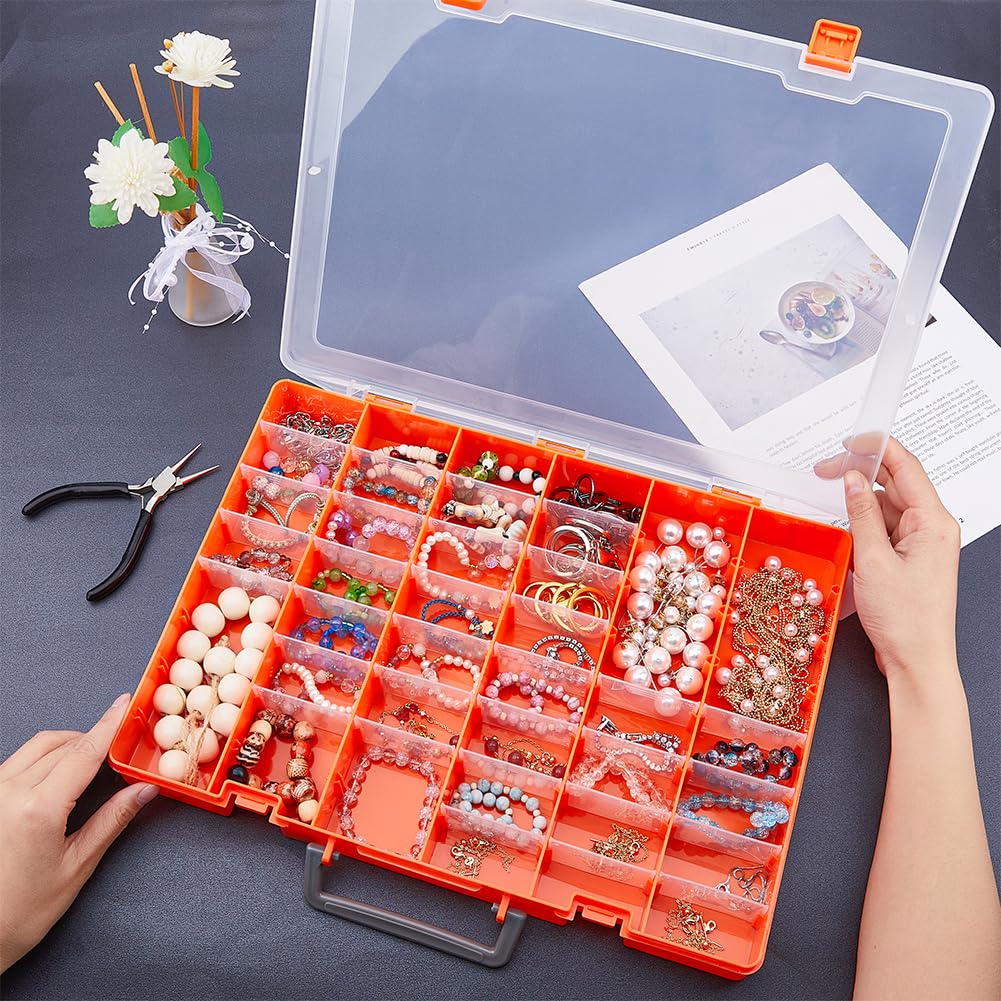 Große Aufbewahrungsbox aus Kunststoff mit 48 Fächern, verstellbare Trennwand, orangefarbene Tragetasche für Kosmetik, Bastelbedarf und Zuhause