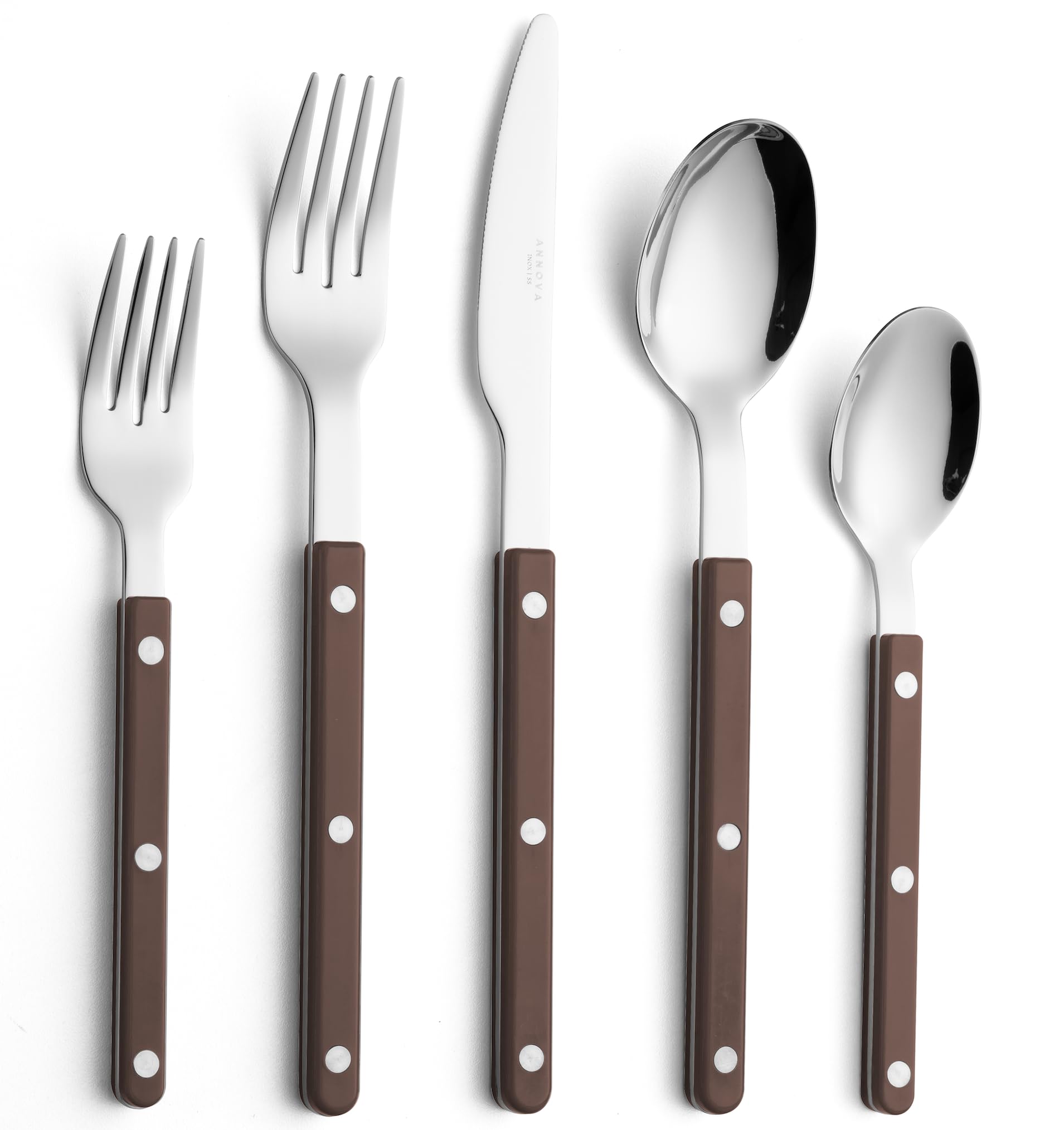 ANNOVA Silverware Set, Retro/Rivet Colorful Stainless Steel Tableware Kitchen Flatware Set Utensils, Includes Dinner Knives, Forks, Spoons, Salad Forks & Dessert Spoons (Brown, 10 Pieces)