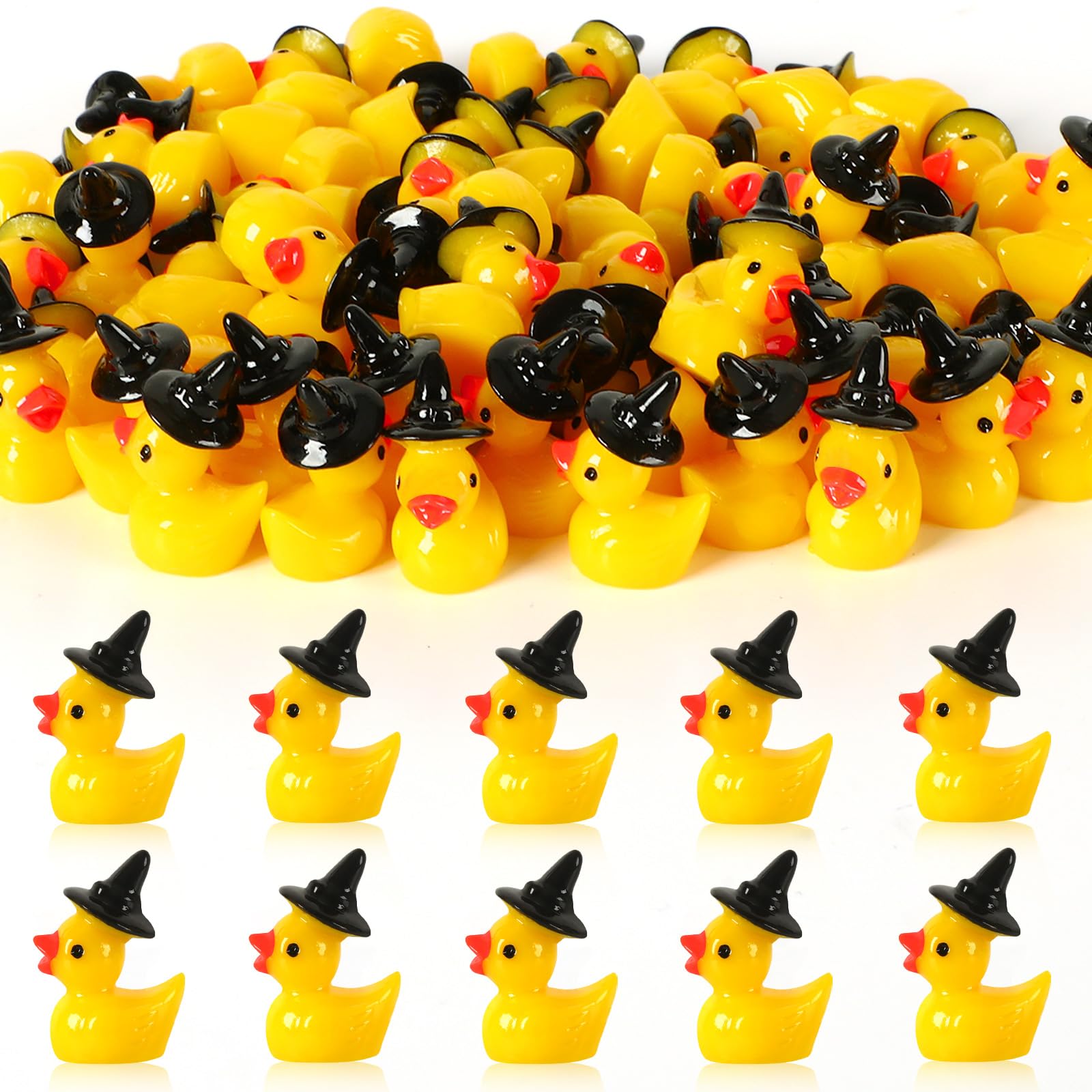 JUNEBRUSHS 50 Pcs Halloween Mini Resin Duck, Tiny Witch Ducks Miniature Witch Hat Duck Figurine for Halloween Crafts Home Table Decorations