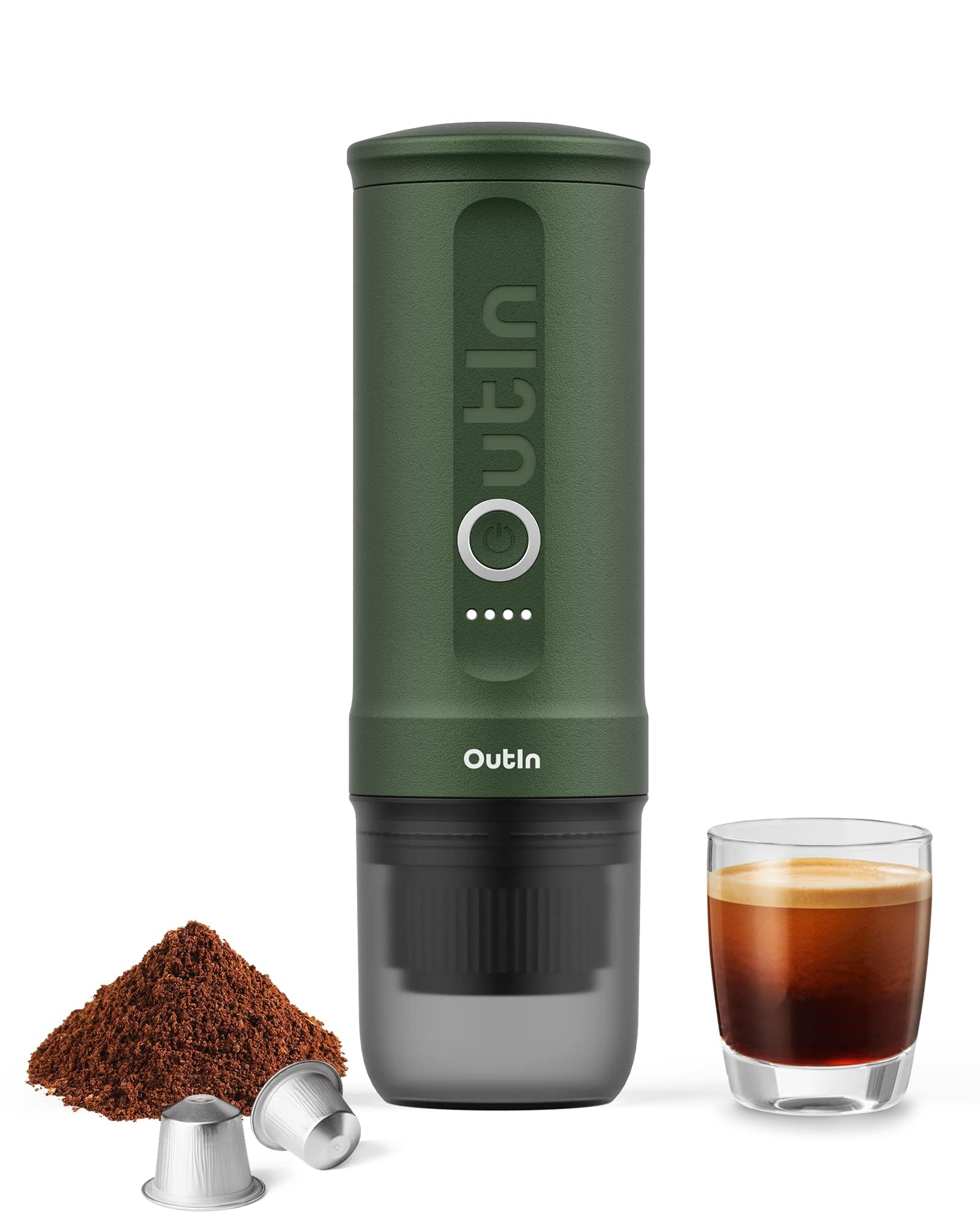 OutIn Nano Portable Electric Espresso Machine, Travel Coffee Maker for Camping, Car Coffee Maker Self-Heating with USB-C, With Ground Coffee & NS Capsule for RV, Hiking, Office
