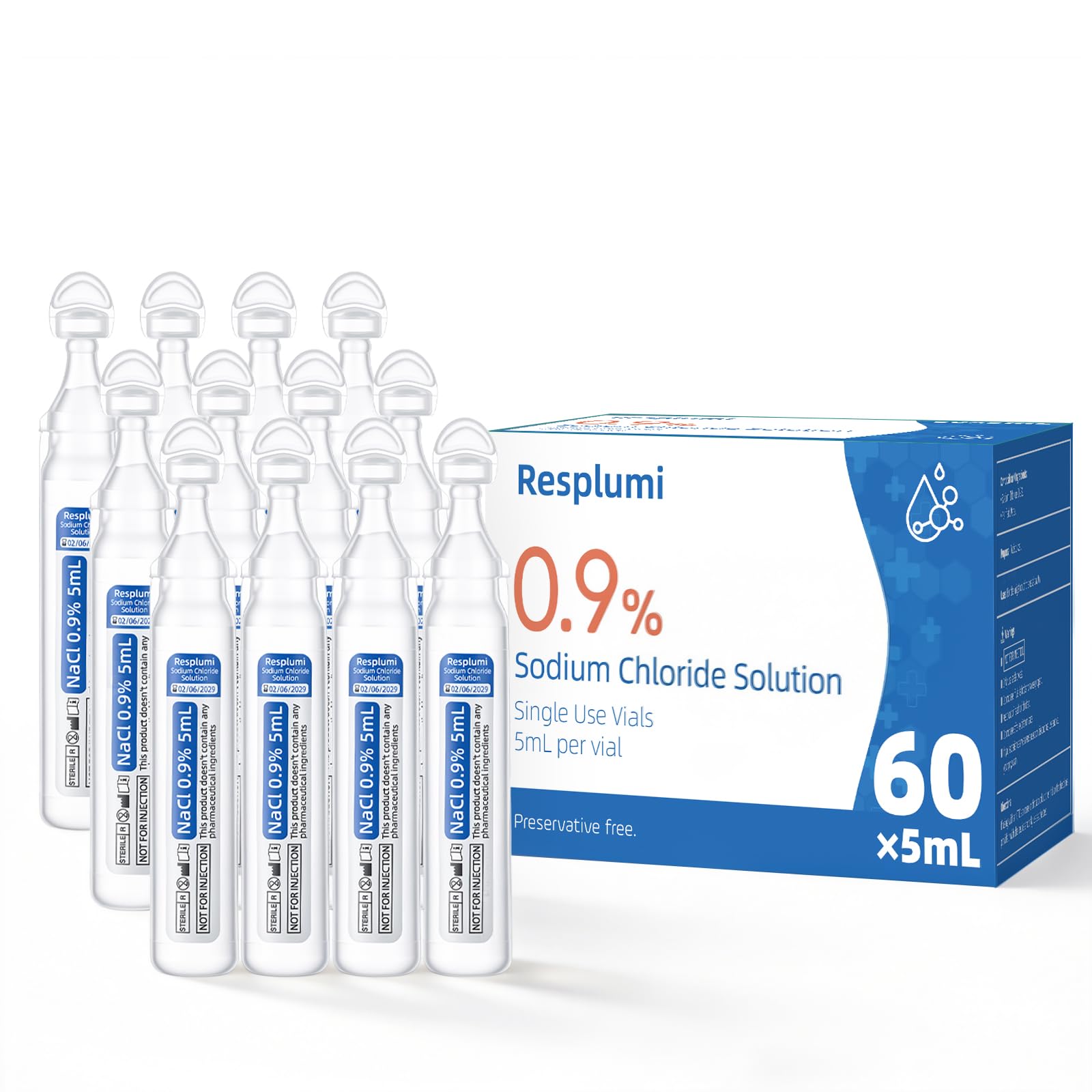 0.9% Sodium Chloride Solution – Normal Saline Solution for Nasal Rinse &amp; General Cleansing, Sterile Preservative-Free, 60 x 5mL Single-Use Vials (300mL / 10.14 fl oz)