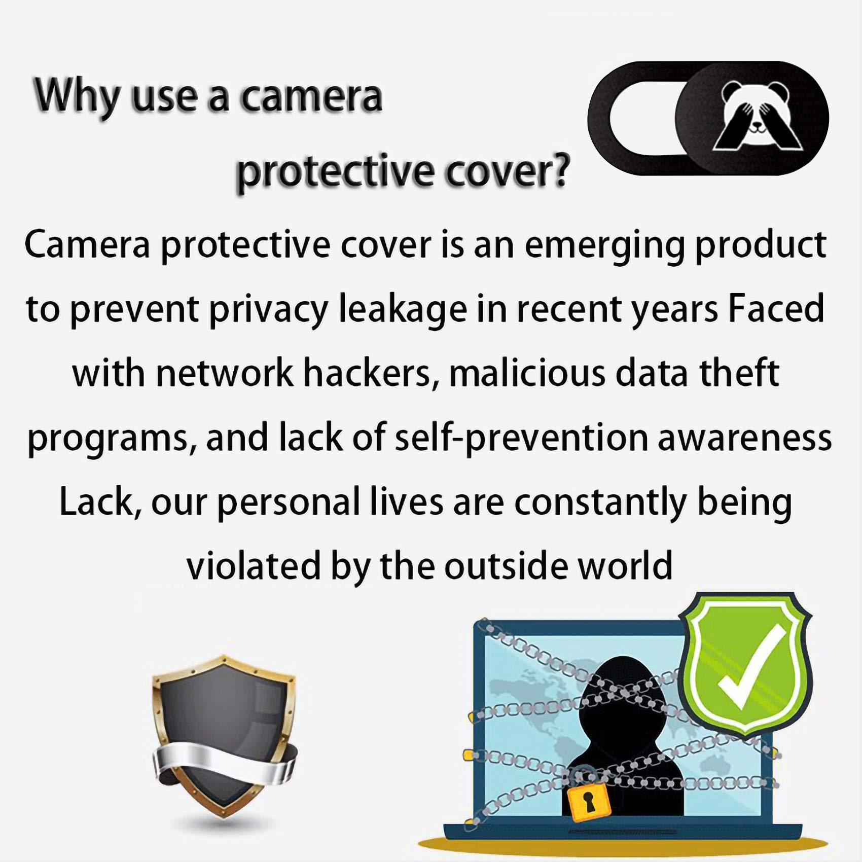 Caméra Webcam Couverture[8 Pièces], Webcam Cover, Cache Webcam, Motif Panda, Protection des données, pour Ordinateur Portable, Téléphone, Tablette, Protégez Votre Vie Privée(Noir)