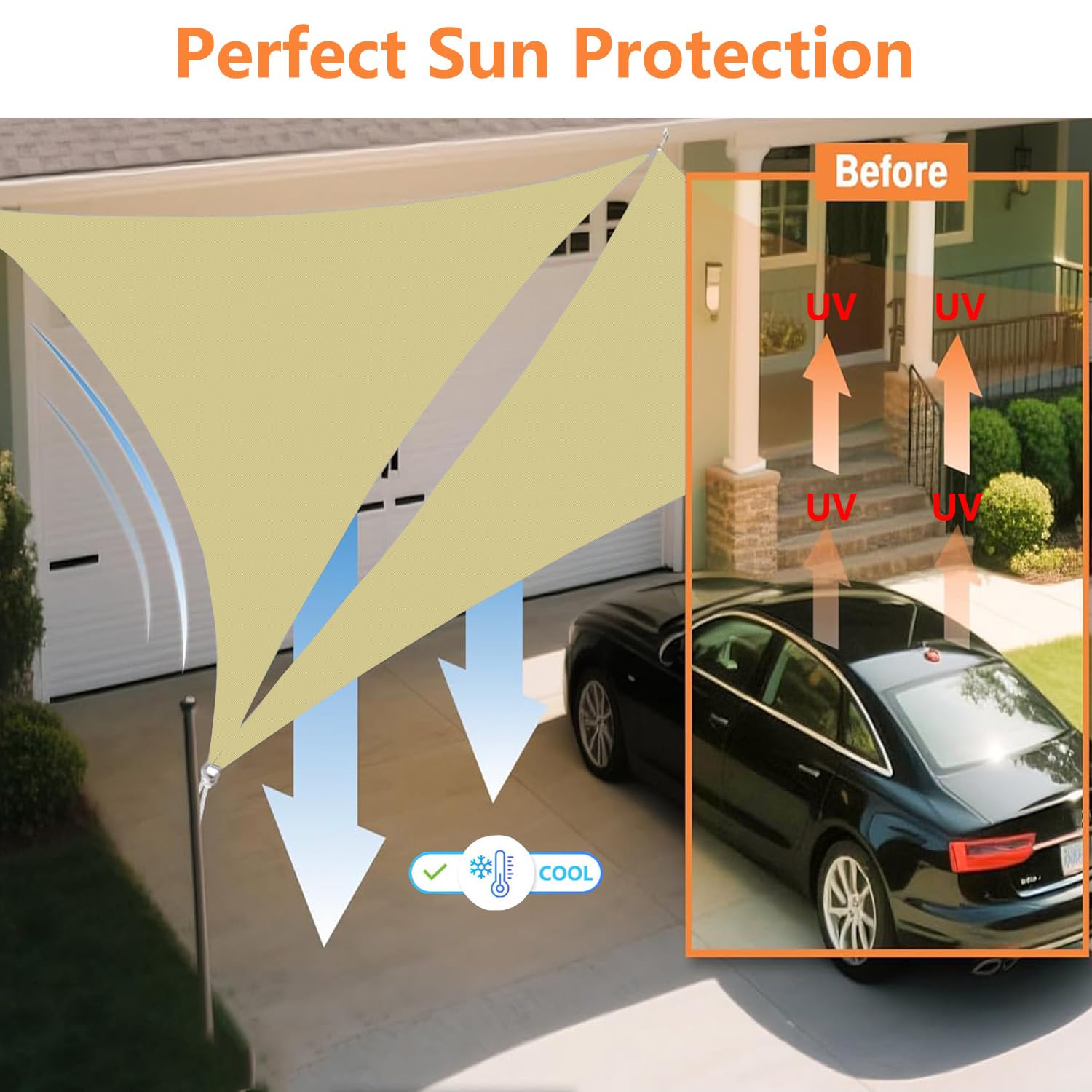 Toldo Vela de Sombra Impermeable 6.5x6.5x9.2M Triangular Toldos Exterior Terraza Protección Rayos UV Resistente al Desgarro con 3 Cuerdas Fijas para Terraza Balcon Patio Exteriores Jardín Arena