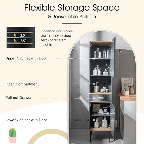 Miniatura 6 de LOKO Armario de almacenamiento alto para baño, armario de almacenamiento independiente con puertas dobles, compartimento abierto y cajón, gabinete