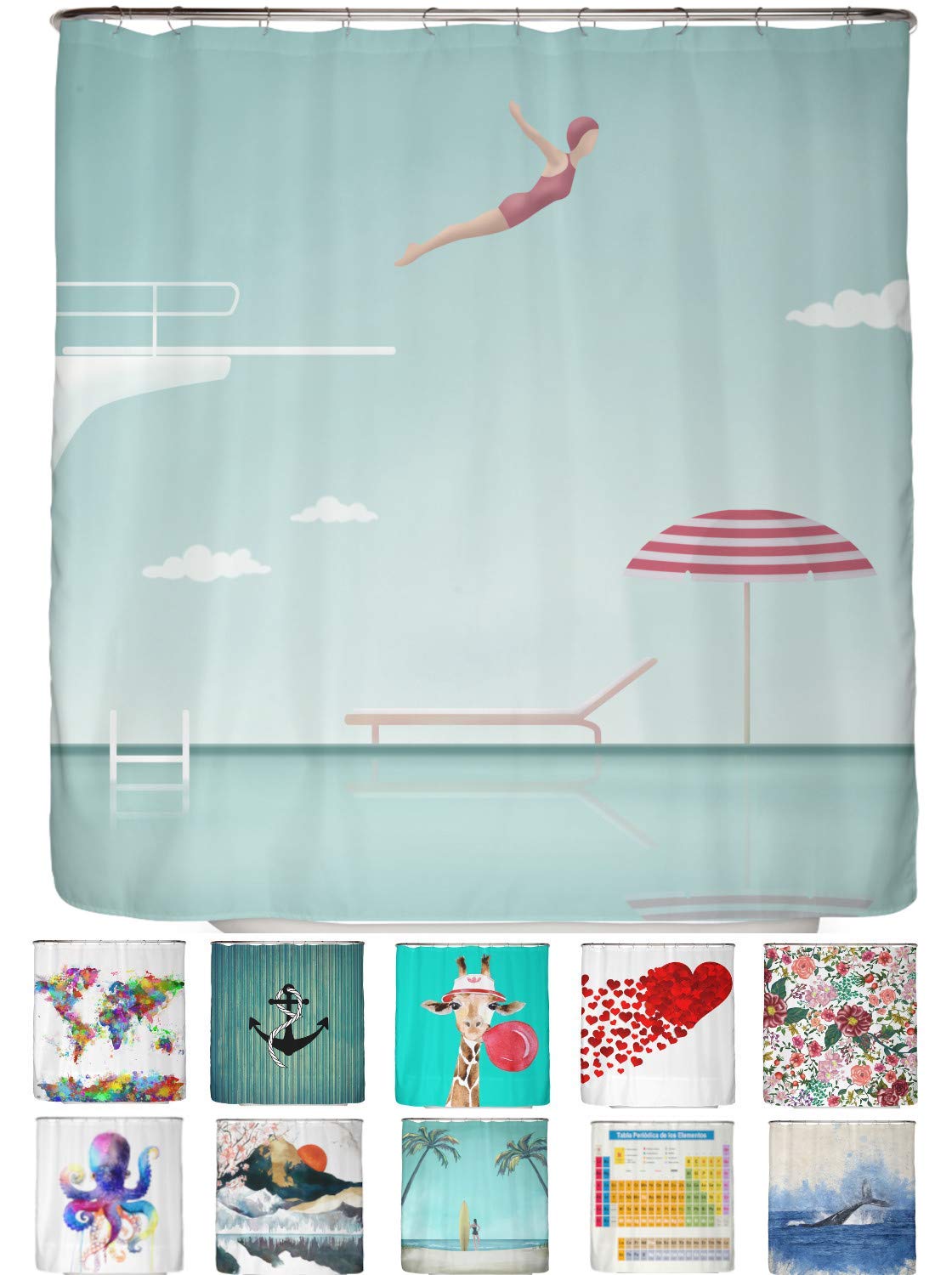 arteneur® - Cortina de Ducha 180x200 - Cortina de Baño Antimoho de Tela, Impermeable, Lavable y Opaco con Dobladillo Ponderado y Anillas (Piscina)