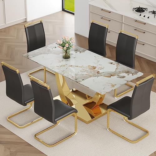 Miniatura 37 de Juego de mesa de comedor de mármol sintético para 6, mesa de comedor moderna de 71 pulgadas para 6, mesa de cocina dorada de lujo y 6 sillas de Mesa