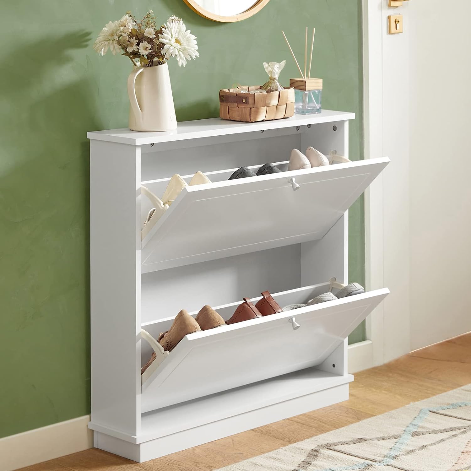 Haotian FSR99-W, White Shoe Cabinet with 2 Flip-Drawers, Freestanding Shoe Rack, Narrow Shoe Organiazer - Review, Price and Buying Guide