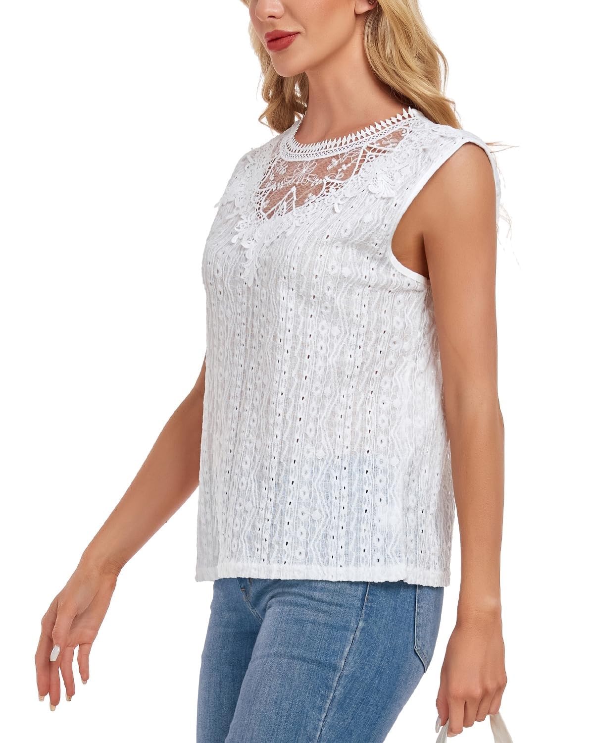 Canotte a Tunica con Buco della Serratura sul Retro Senza Maniche da Donna, Camicette Casual in Pizzo(White,L)