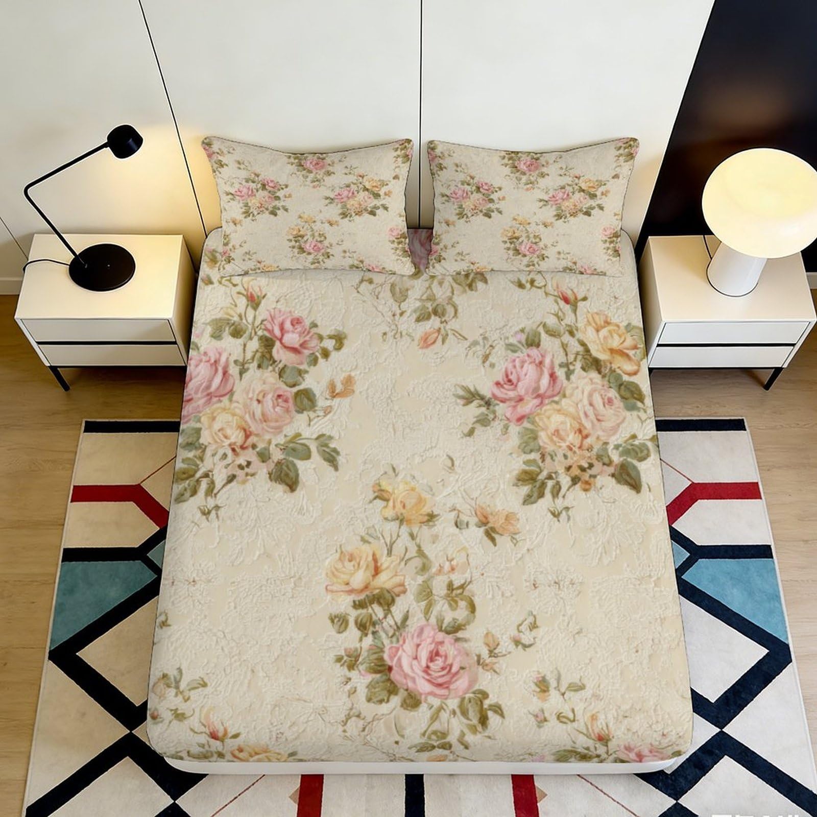 3D Printed Vintage Floral Fitted Sheet Microfiber Soft Anti-Slip Romantic Rose Mattress Cover Bedroom Guest Decor 90x200x25cm