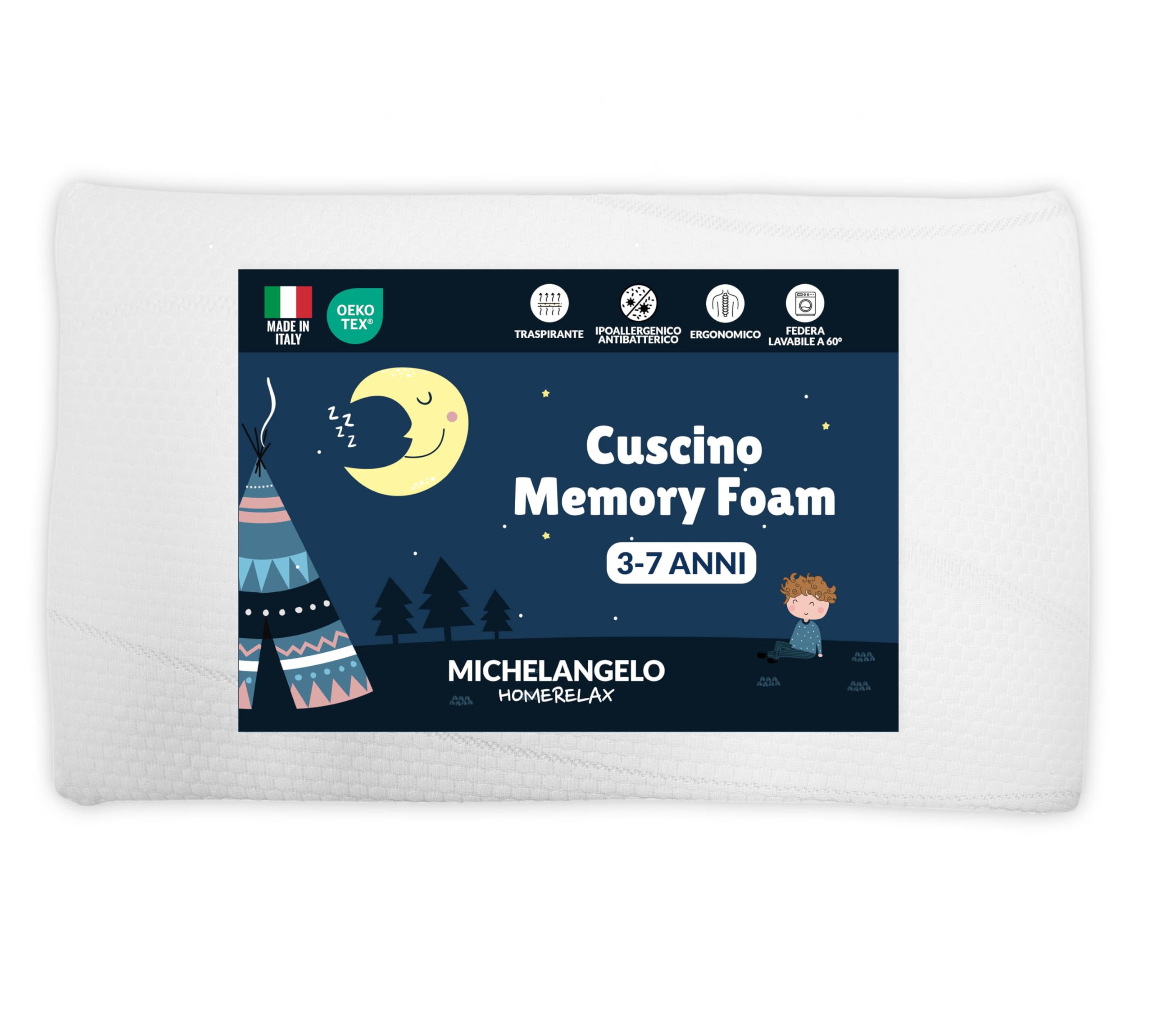 Michelangelo HomeRelax Cuscino Bambino DISPOSITIVO MEDICO, 3 4 5 6 7 Anni Memory Foam, 60 x 34 cm, per Lettino, Made in Italy OEKO-TEX Ipoallergenico Anallergico Antiacaro Culla