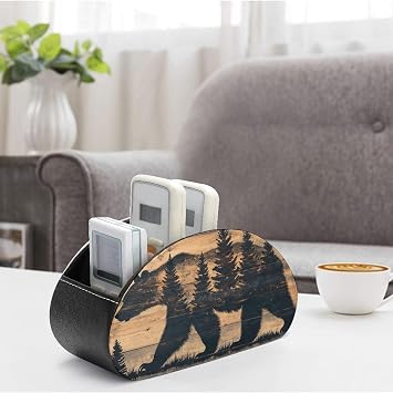 Walking Grizzly Bear Remote Control Holder with 5 Compartments Wooden Board Leather TV Remote Caddy Remote Storage Box Desktop Organizer for Pen/TV Remotes/Media Controllers/Office Supplies