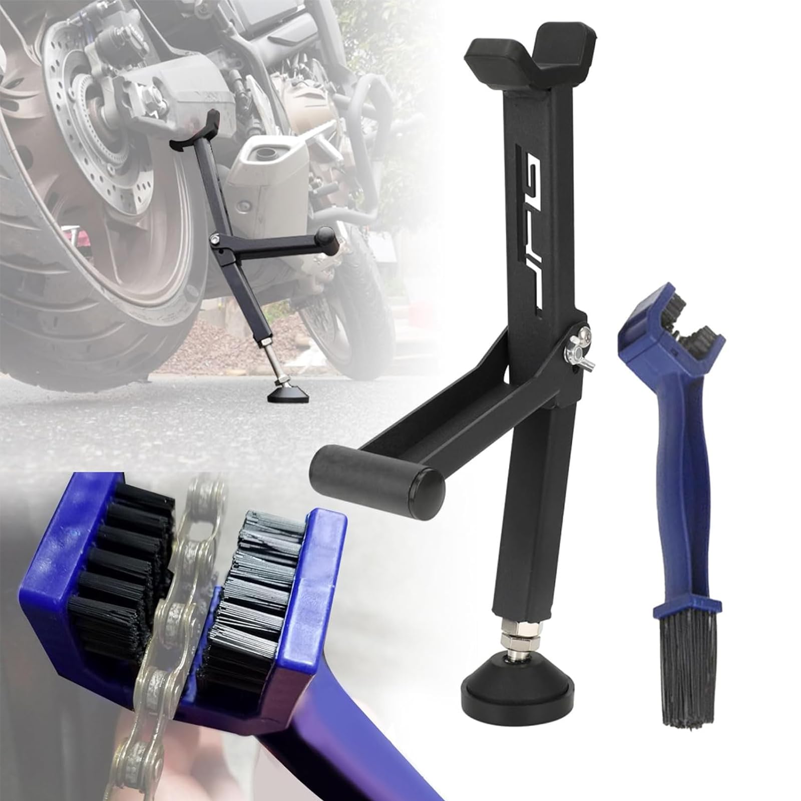 Béquille d'atelier moto rouge avec kit de nettoyage de chaîne