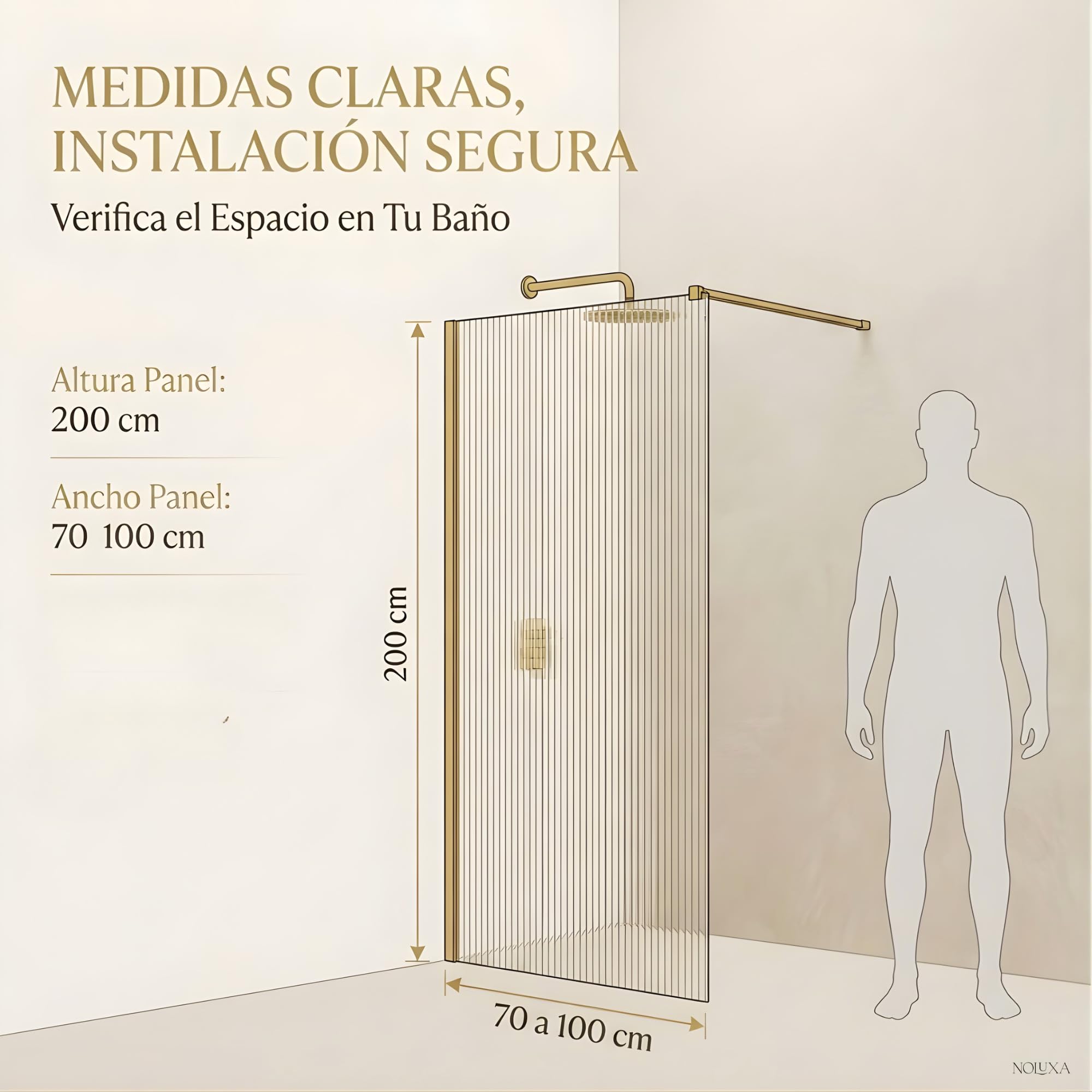 IMEX - Mampara Ducha Fija Dorada 80cm Frontal con Brazo de Sujeción | Mampara de Cristal Antical y Perfilería de Aluminio con 200cm de Altura | Vidrio con Grosor 8mm y Sistema de Montaje Fácil