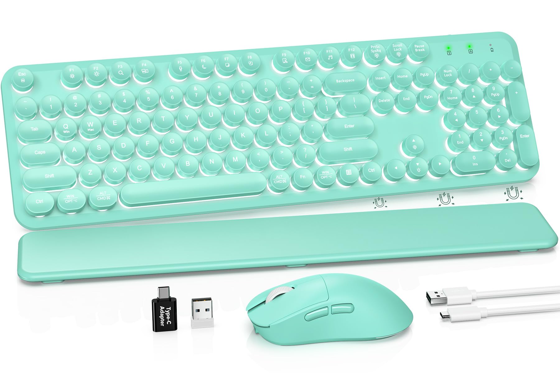 Wireless Keyboard and Mouse Combo, Backlit Round Keycaps, Retro Typewriter Keyboard with Detachable Wrist Rest, Rechargeable &amp; Tilt Legs, 2.4GHz Cordless Connection for Windows/PC (Glowing Turquoise)