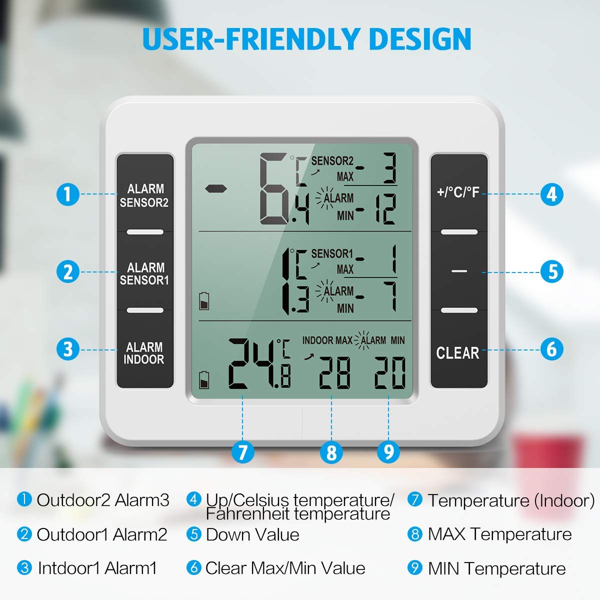 Brifit Thermomètre Frigo Connecté - Alarme Congélateur, Intérieur/Extérieur Sans Fil avec 2 Capteurs, MIN/MAX et Alarme Température pour Maison