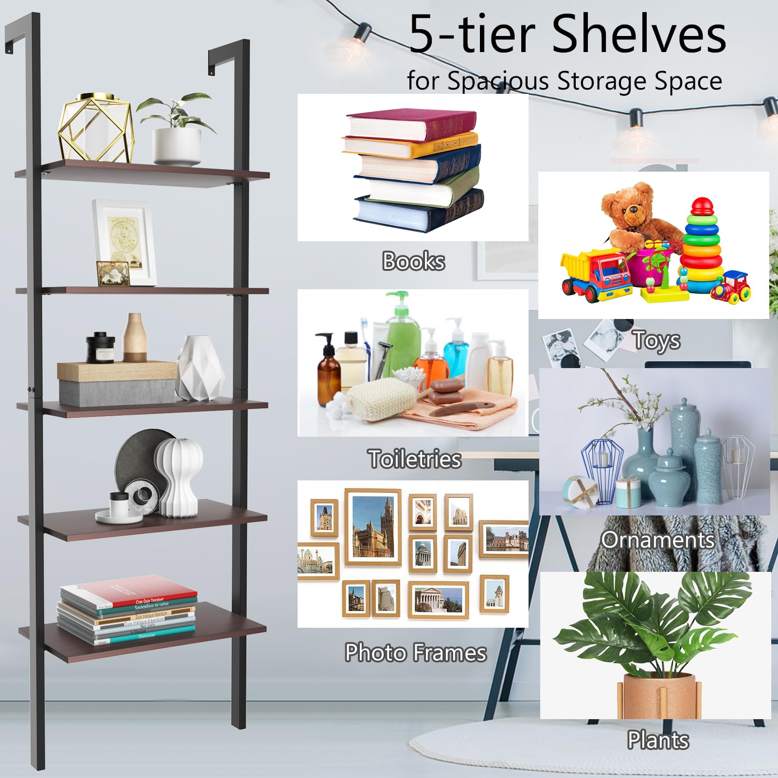 HOMASIS Estantería Escalera con 5 Niveles, librería de Pared con Estructura de Metal, estantes de Almacenamiento, Moderna estantería de pie, para Oficina en casa, salón, 60 x 30 x 180 cm (Marrón)