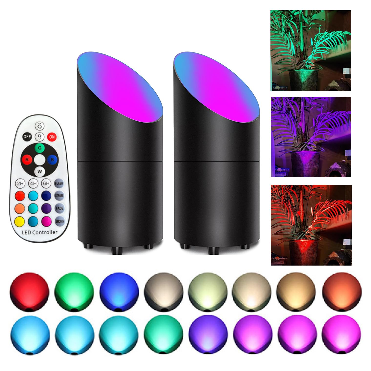 Unirence Uplights Indoor LED Spotlights 8W Warm White RGB Color Adjustable Desktop Corner Accent Floor Uplighting with Remote Control for Plant Picture Artwork (2Pack)