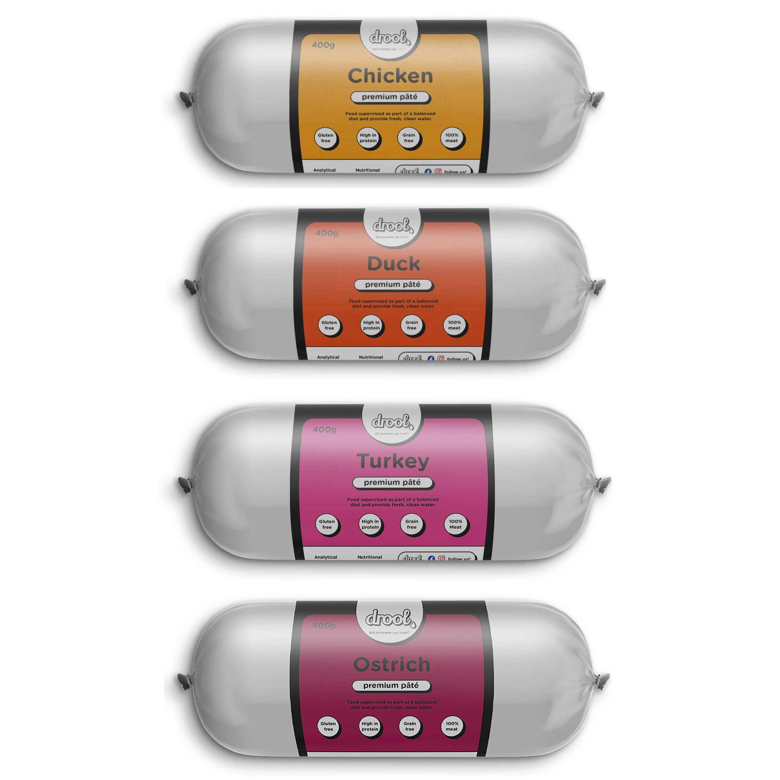 Drool Pet Products | Premium Chicken, Duck, Turkey & Ostrich Pate Tube Roll | Grain-Free High Protein Dog Food | Multi Pack 4 x 400g