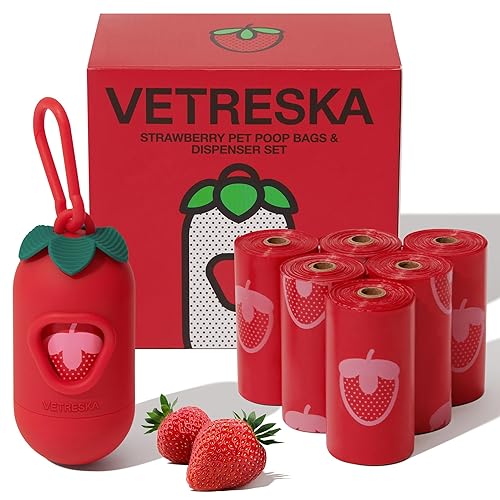 VETRESKA Dog Poop Bag Dispenser with Strawberry Scented Bags, Leak Proof, Extra Thick and Large Pet Waste Bags,1 Count Bag Holder and 105 Bags (7 Refill Rolls) for Walking Dog and Cats Litter, Red - Strawberry - 1 count (Pack of 105)