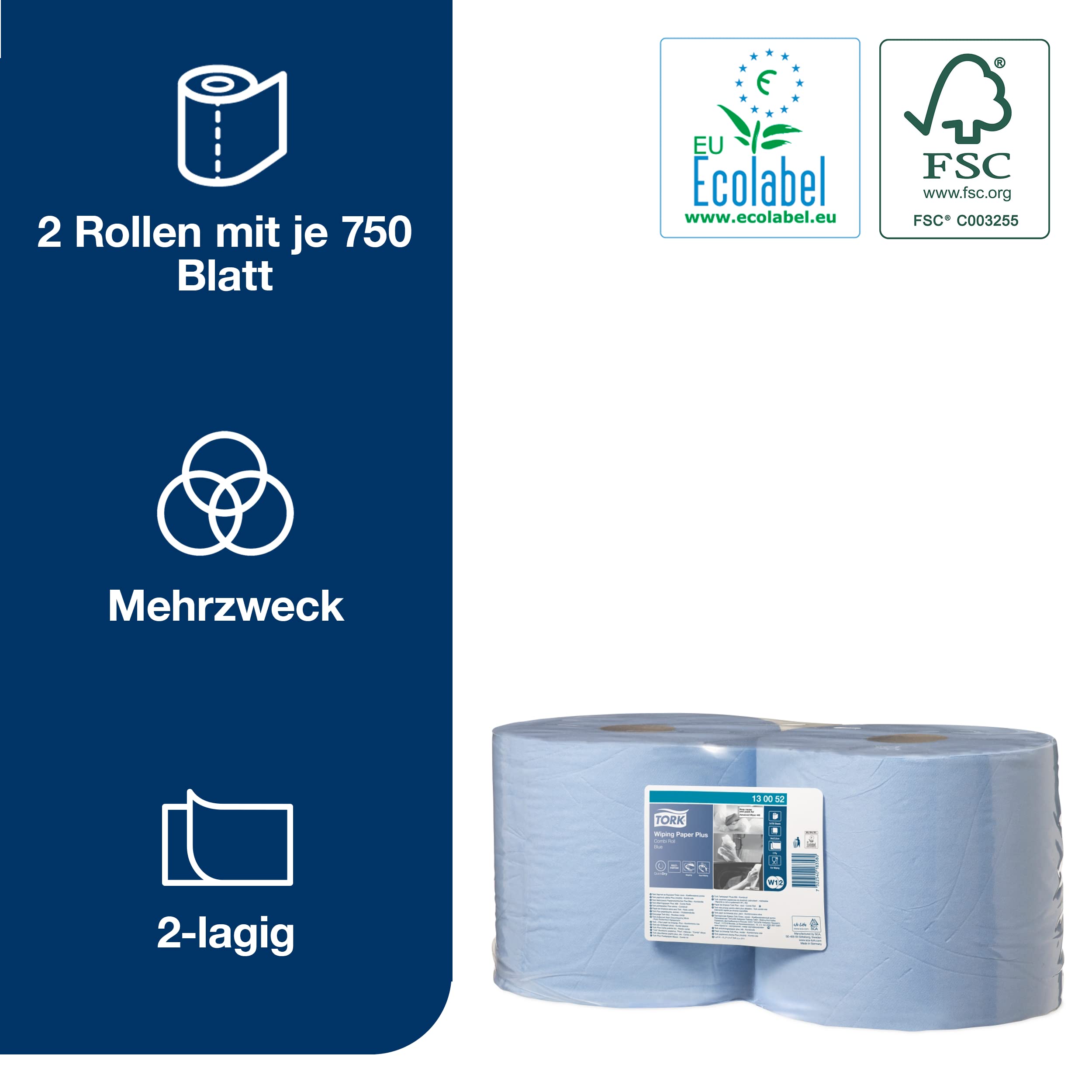 Tork 130052 Starke Mehrzweck Papiertücher für W1/W2 Systeme / 2-lagiges saugfähiges Papier in Blau / 2 x 255m