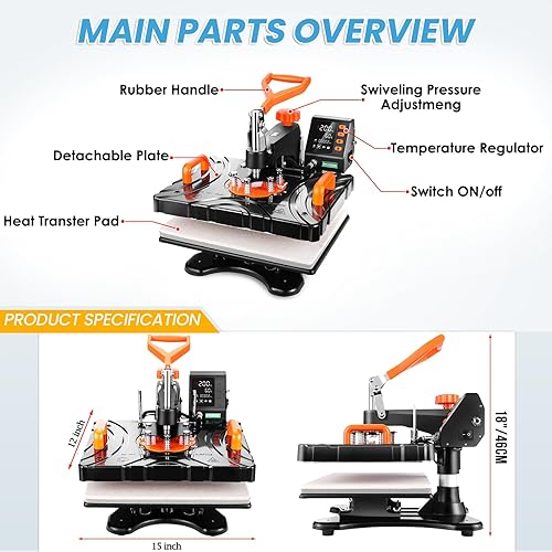Miniatura 7 de AKEYDIY Prensa de calor 8 en 1, máquina de prensa de calor de 12 x 15 pulgadas para camisetas, máquina de impresión de camisetas de sublimación de