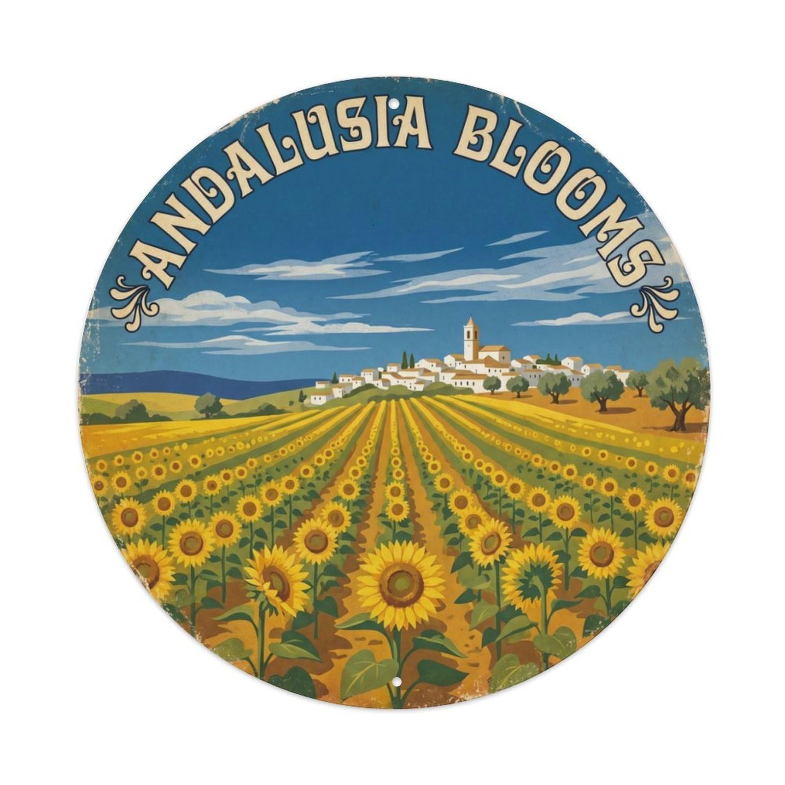 Vintage Travel Andalusia Sunflowers Spain Metal Tin Sign Plaque Wall Decor for Cafe, Club Bar, Office, Home Garden Round Metal Poster 8x8Inch