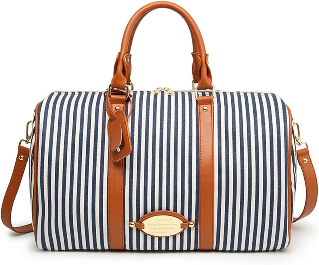 Women Fashionable Weekender Travel Duffle Tote Bag. Canvas Striped Bag for Overnight Trip,Work,College,Gym,Vacations.
