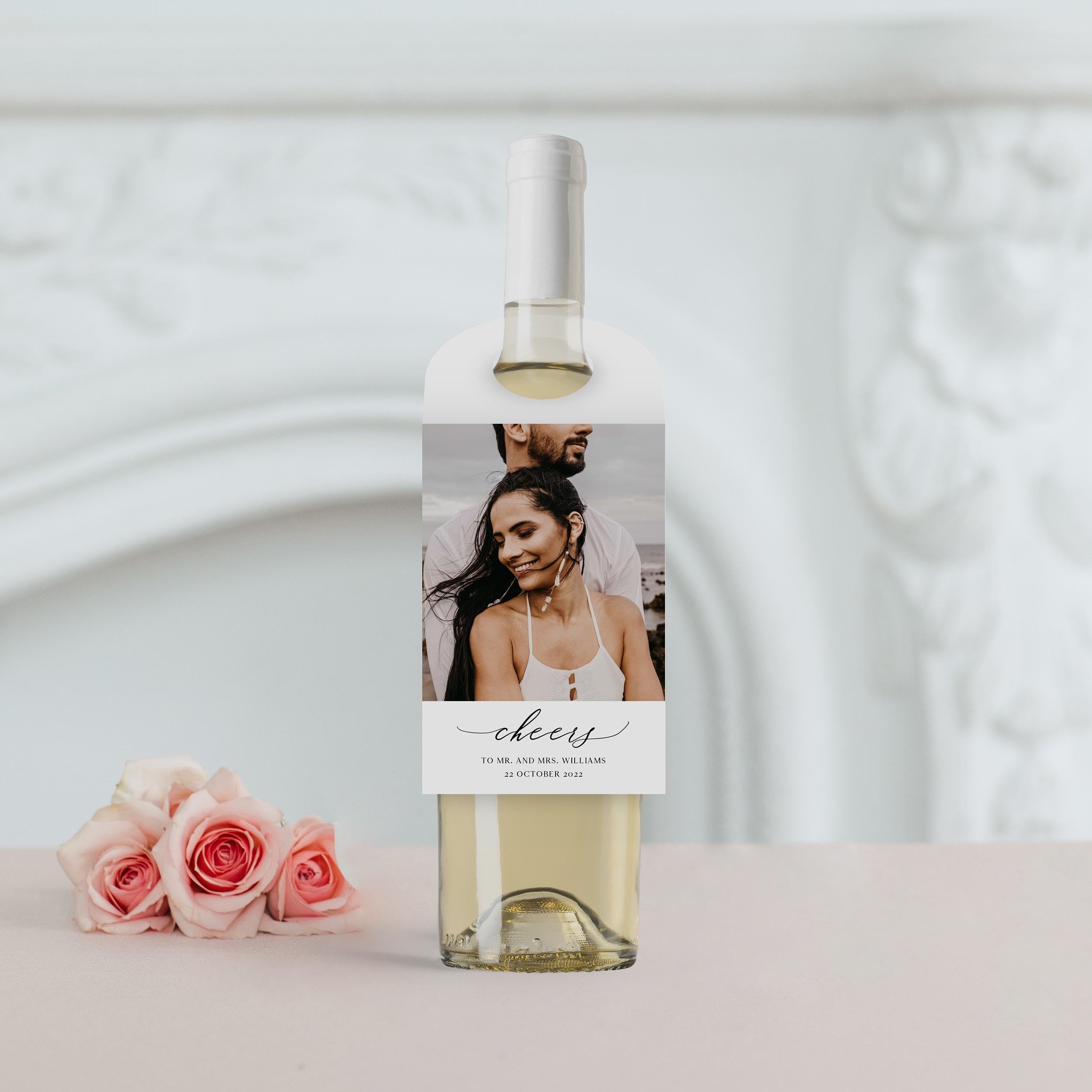 WEDDINGSTAR Personalized Photo Printed Wine Bottle Neck Hang Tags - Scripted Beginnings (Pack of 5)