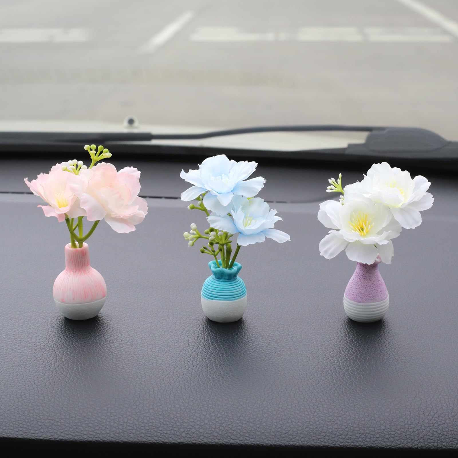 Flower Car Dashboard Decorations Interior, Set of 3 Floral Vase Decor Girly Cute Car Accessories for Women