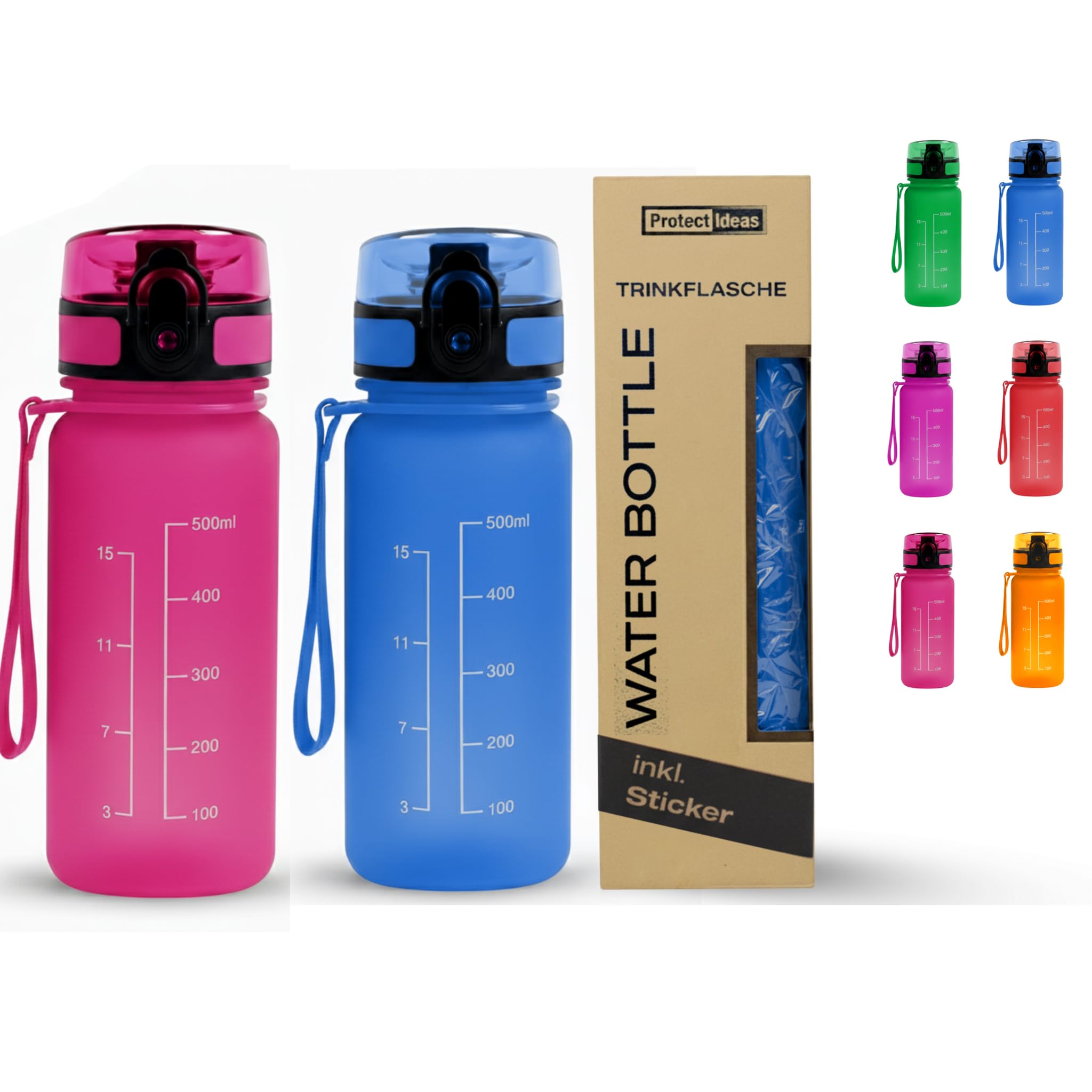 2 Stück Trinkflasche Kinder Auslaufsicher 0,5L – BPA-Frei Wasserflasche 500ml für Schule, Sport, Fitness – Geschmacksneutral, Leicht, Trinkflasche Mit 12 Aufklebern für Kinder (2 Stück Blau-Rosa)