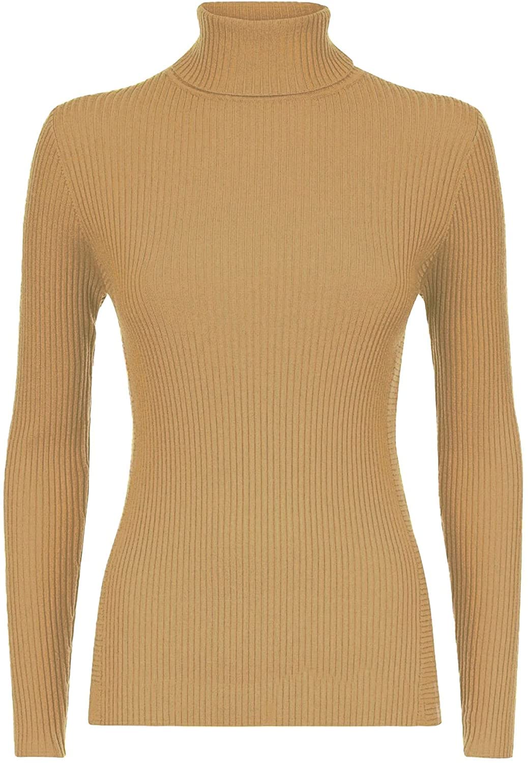 Wearall Women's Camel Ribbed Stretch Polo Neck Top - 12/14