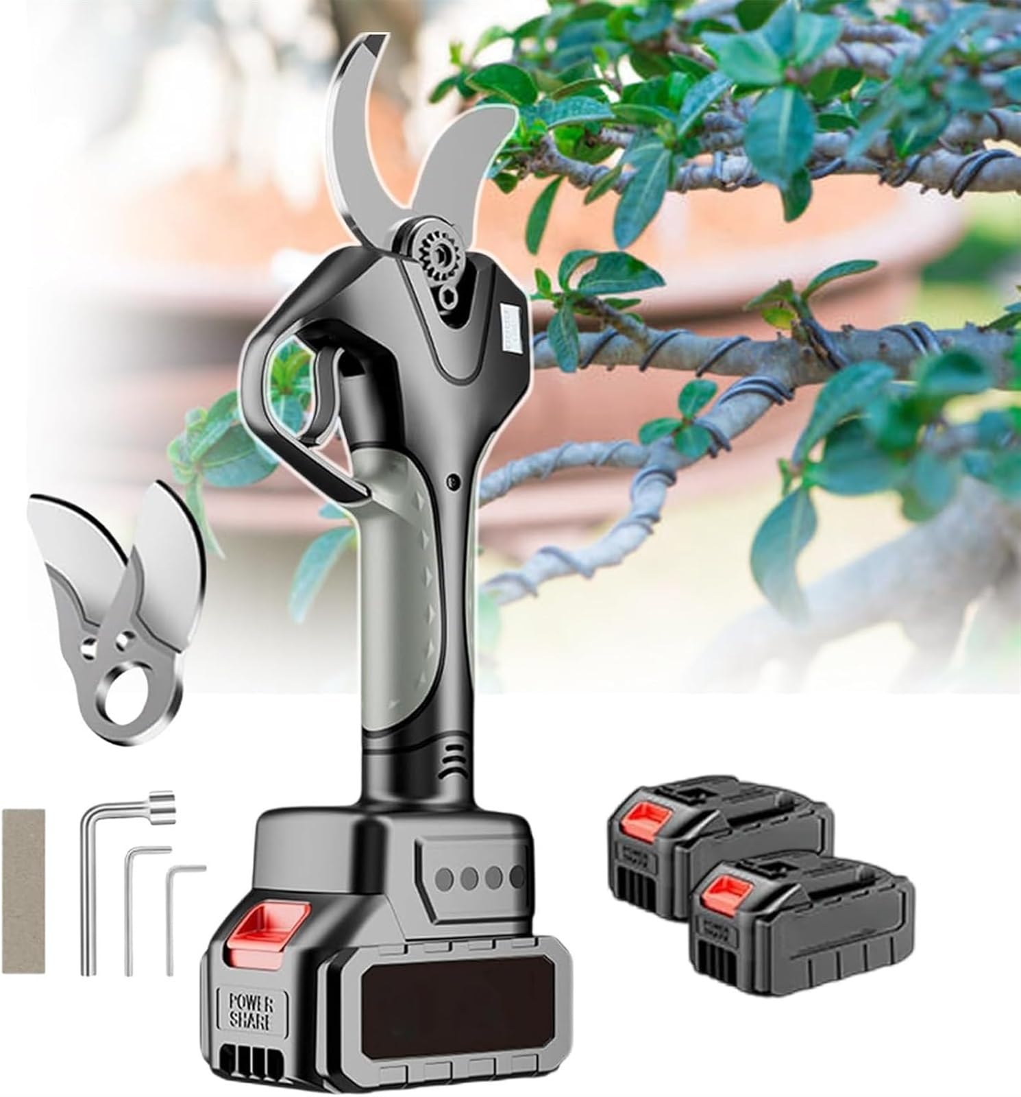 Forbici Potatura a Batteria, Cesoie a batteria per potatura, con batterie da 21V 1500 mAh e lame di ricambio, diametro di taglio 45mm, taglia rami giardinaggio(1Battery)