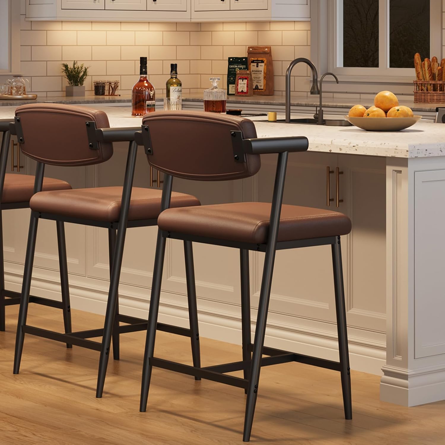 IDEALHOUSE Counter Height Bar Stools Set of 2 With Arms, 26" Upholstered Bar Stools With Back, Wider Seat, Modern Bar Stools Set With Footrest for Kitchen Island,Counter Bar,Easy Assembly,Rustic Brown 2 Barstools with Soft Back Rustic Brown