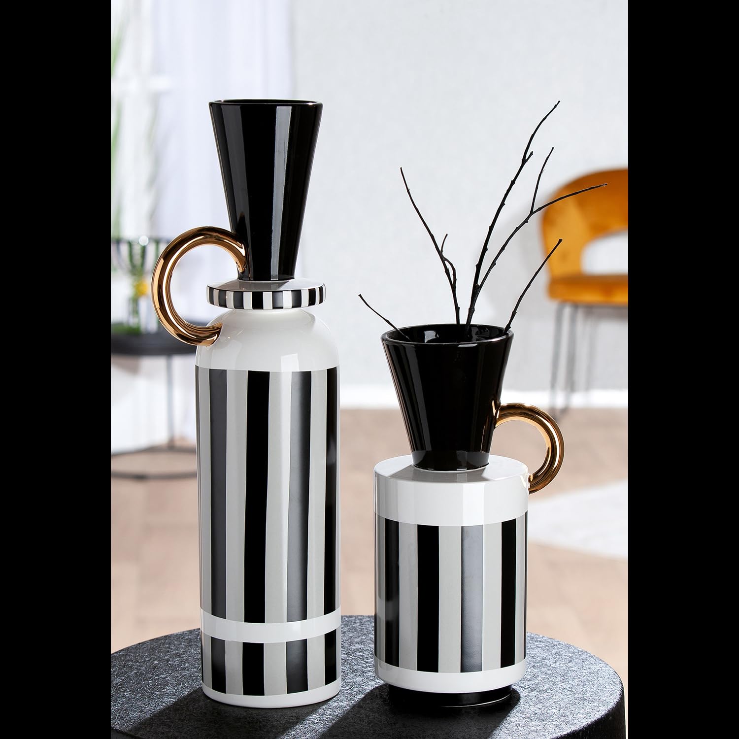 GILDE Vaso da pavimento Pomposo in ceramica, a righe, smaltato, in bianco e nero, altezza 48 cm x diametro 11 cm, impermeabile