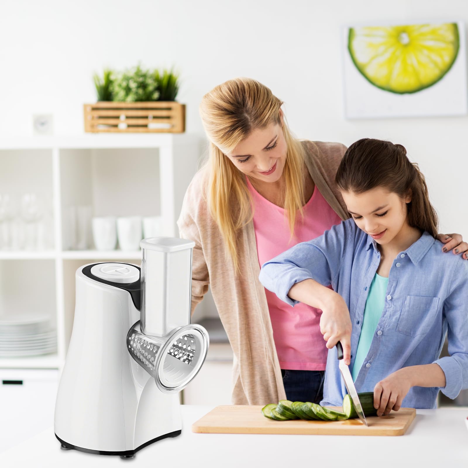 Recortador de verduras eléctrico 5 en 1,800 W, retocadora de verduras con 5 cuchillas Tambor intercambiables,Picadora eléctrica para queso,Zanahorias,Frutas,Patatata,Pepinos (blanco)