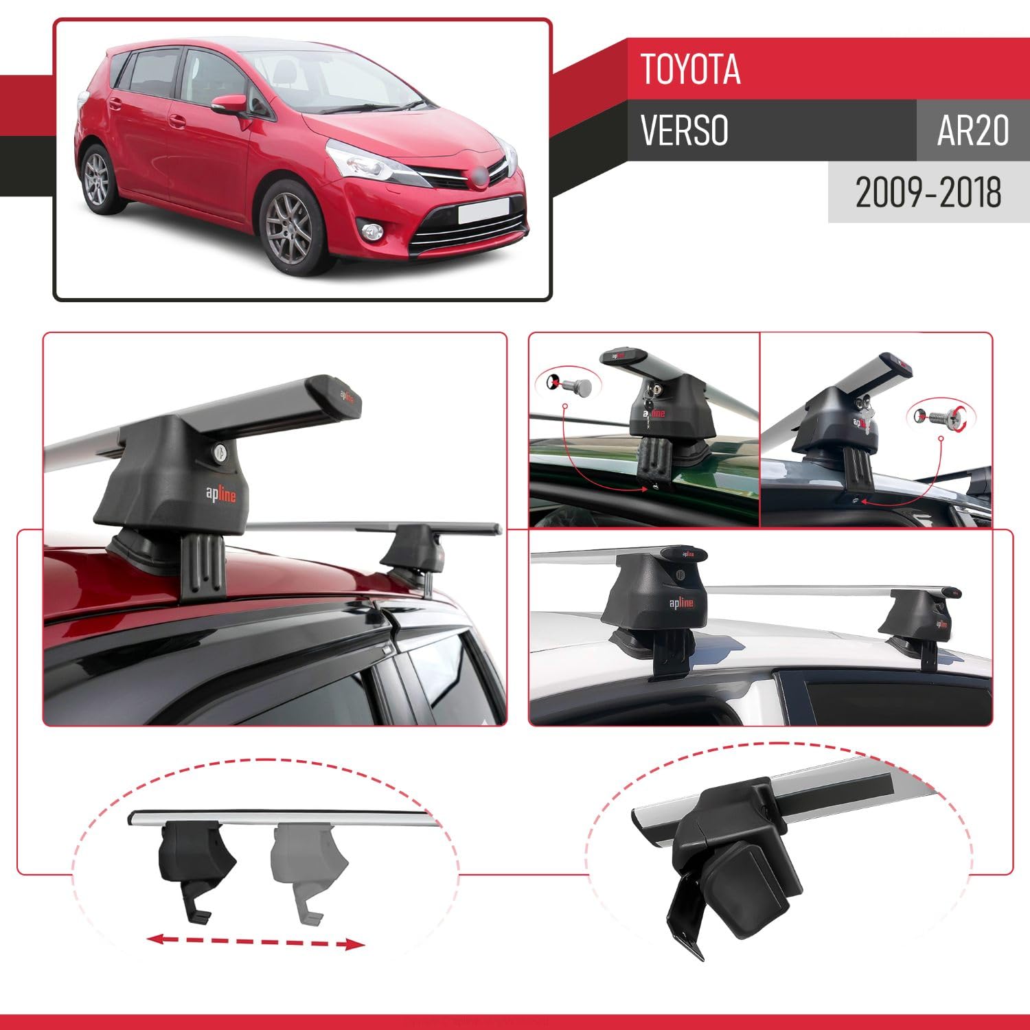 Compatible avec Toyota Verso (AR20) 2009-2018 ACE-4 Barres de Toit Railing Porte-Bagages de Voiture Gris Aluminium 2 Barres