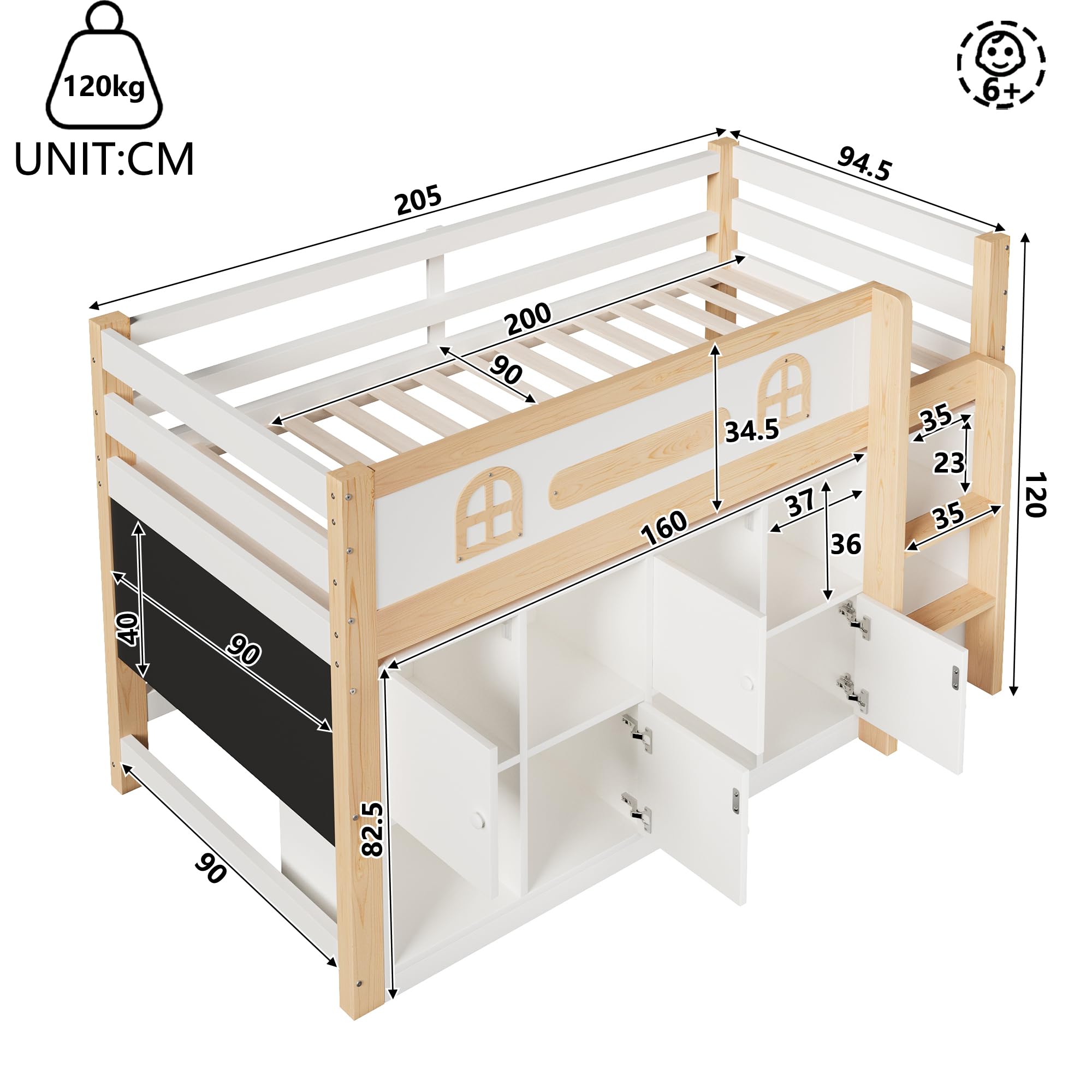 Cama media 90 x 200 cm de madera de pino y MDF, color blanco y