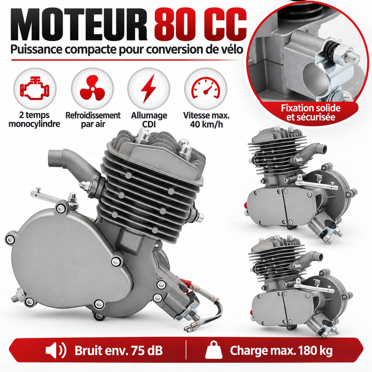Kit motore per bicicletta da 80 cc, motore a benzina a 2 tempi, monocilindrico raffreddato ad aria, con accensione CDI, catena a 44 denti, serbatoio da 2 l, per telai da 26-28 pollici, portata massima