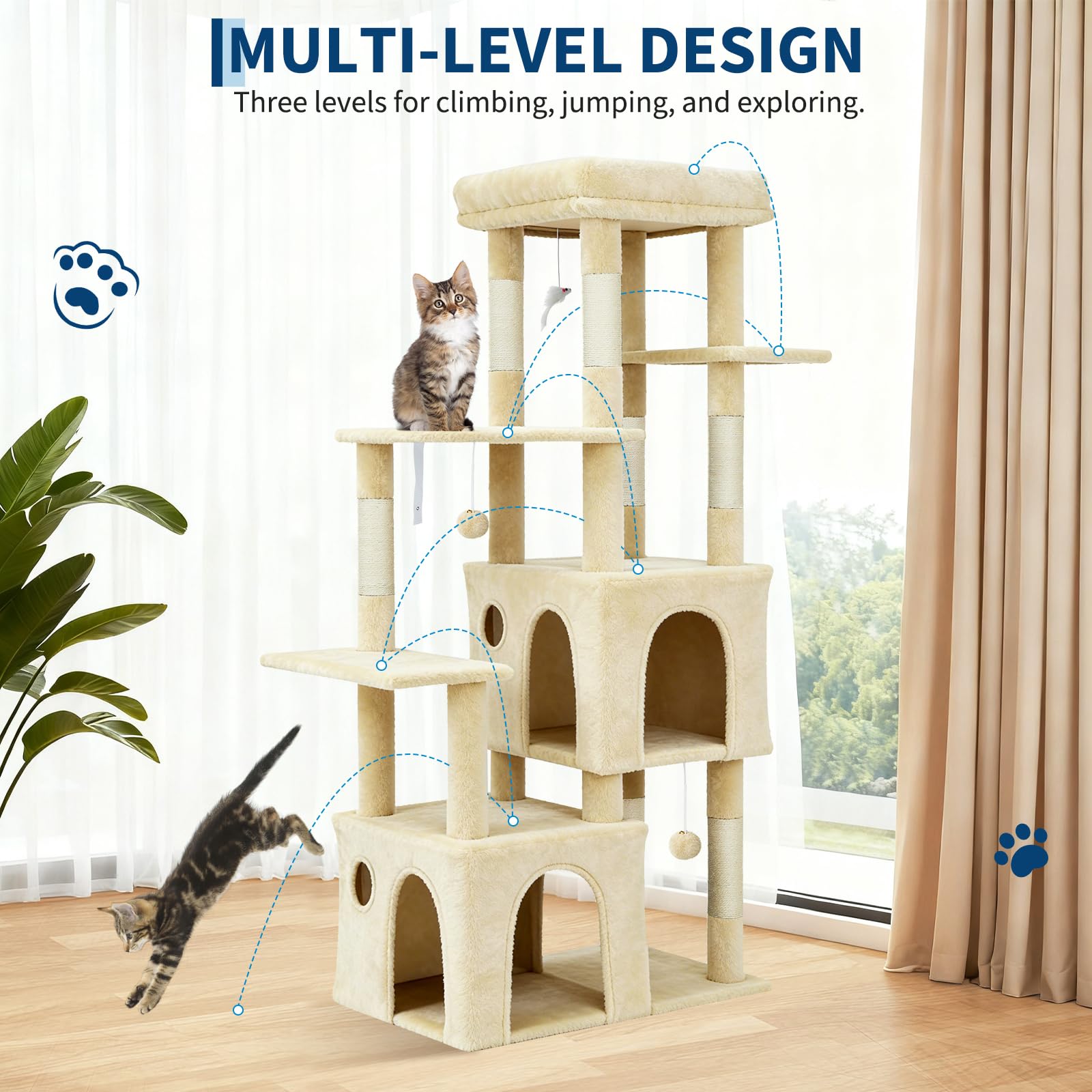 Albero Tiragraffi per Gatti, 72x45x156cm, Torre Multi-livello con Piattaforma Extra-large, Condomini Spaziosi, Pali Robusti in Sisal Naturale, Area Giochi per Maine Coon - Beige