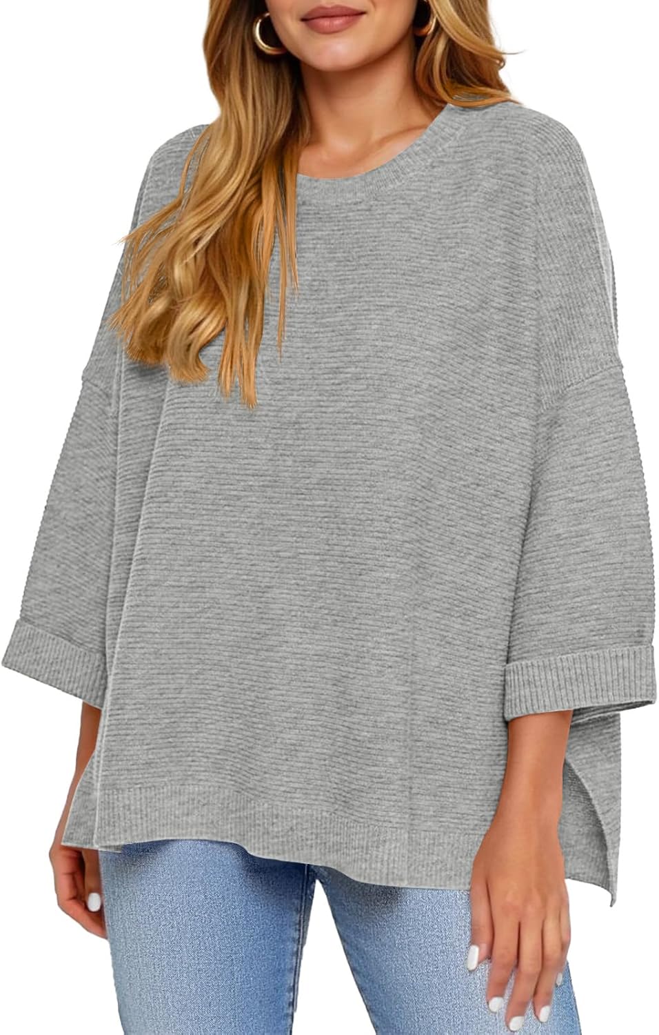 Tankaneo Women's Oversized Sweaters Casual 3/4 Long Sleeve Crewneck Ribbed Knit Split Tunics Fall Loose Pullover Tops