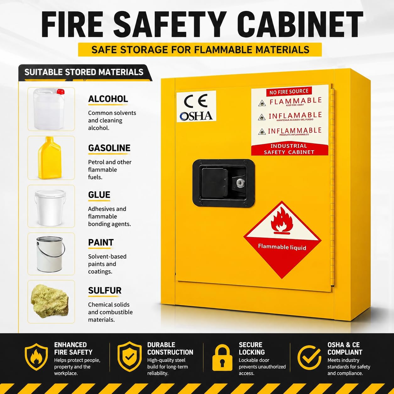 Gabinete de almacenamiento peligroso para líquidos inflamables Productos químicos gabinete de seguridad resistente al fuego con estantes ajustables industriales de laboratorio de grado amarillo 12 gal