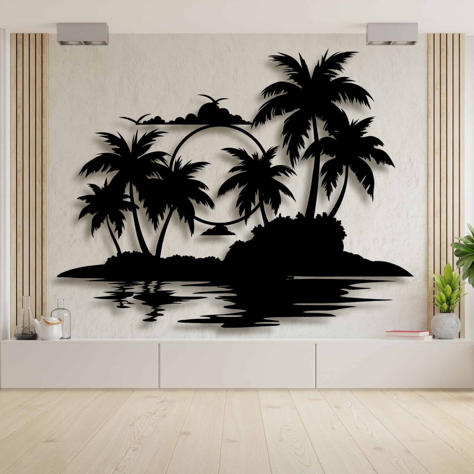 Lunwall Palmier en métal, décoration murale en forme de palmier tropical, 76 x 60 cm, support mural, intérieur et extérieur, noir
